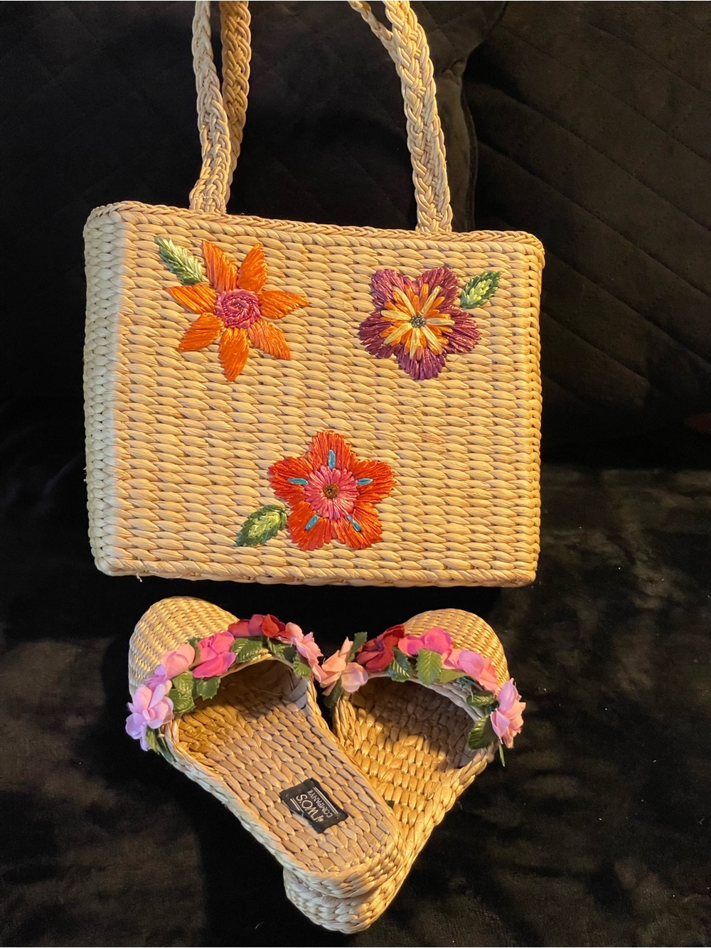 Woven Floral Raffia Women’s Sandals in Natural with Pink Accents